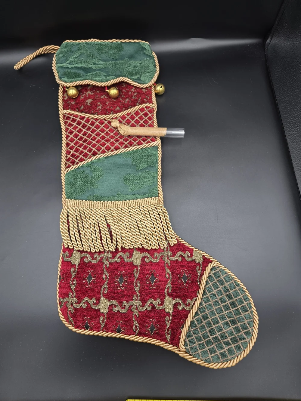 Ornate Red and Green Holiday Stocking with Gold Trim